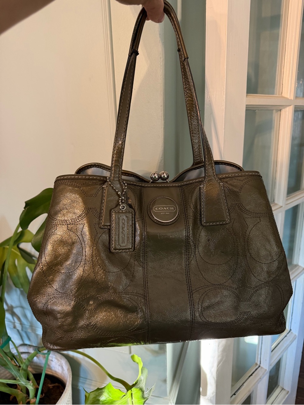 COACH Olive metallic patent Leather Signature Tote Bag F15658